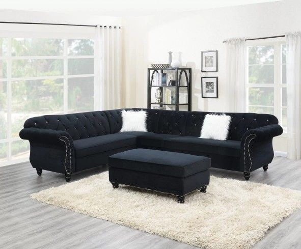 Brand New Black Velvet Sectional Sofa (Ottoman Sold Separately)