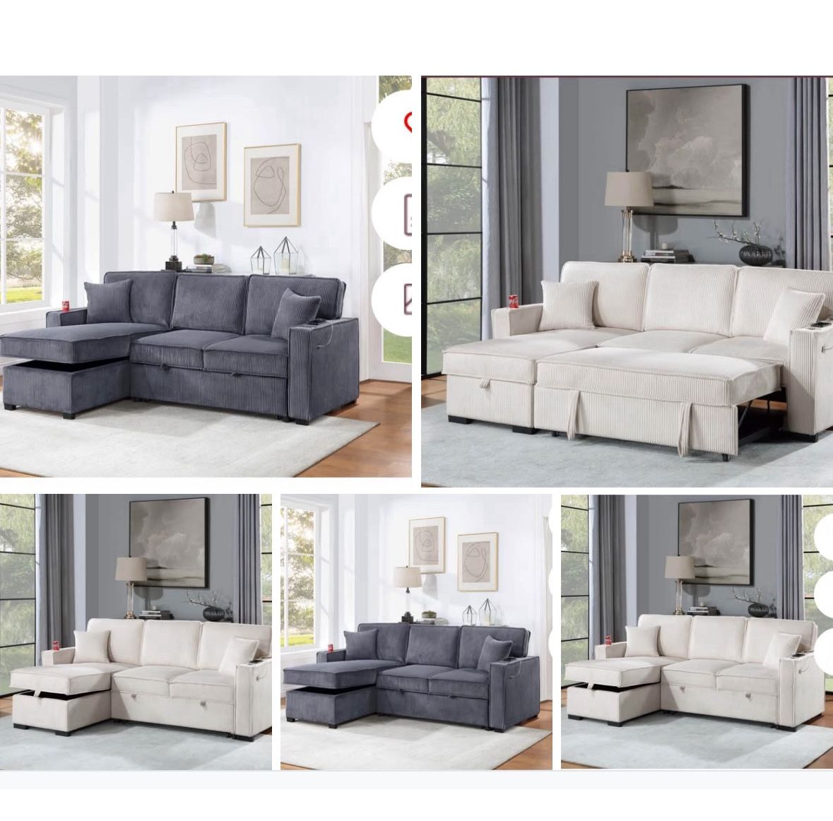 Sectional Sofa Pullout Bed W/Chaise Storage Fabric Reversible 88”x57”X33”H