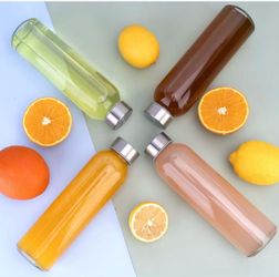 24oz Glass Water Bottle Set of 6, Leak Proof Clear glass juice bottle for juicing, Reusable Drinking Bottles with Stainless Steel Lid, Beverage Storag