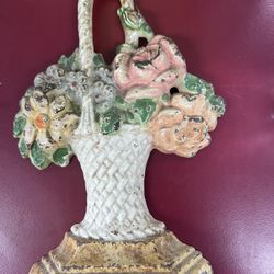 Antique Hubley #152 Cast Iron Miniature Painted Doorstop Flowers Roses in Basket