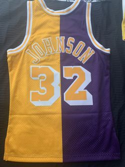 Men’s Small Mitchell & Ness Magic Johnson Los Angeles Lakers Purple/Gold Hardwood Classics 1984/85 Split Swingman Jersey 