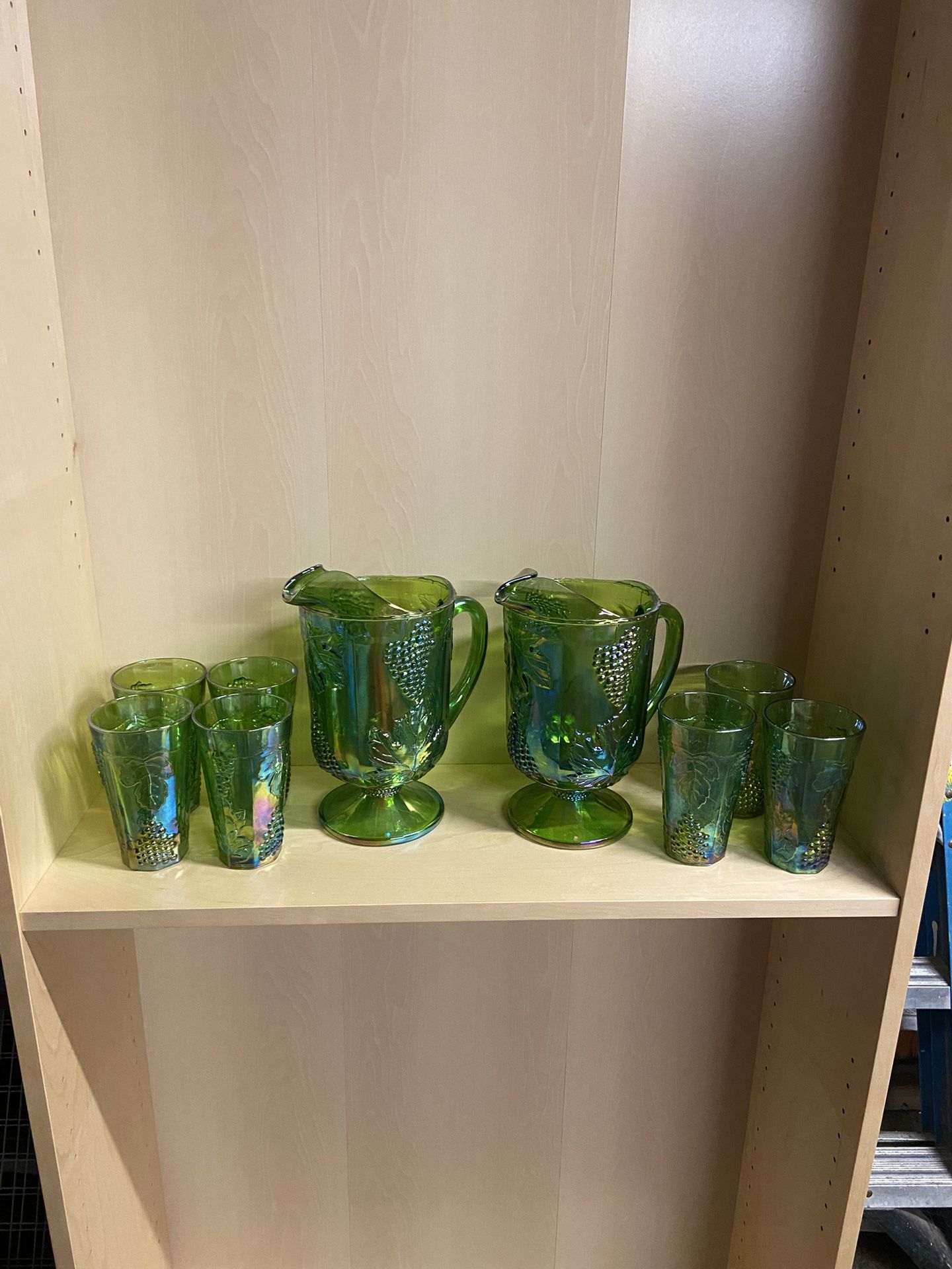 2 Sets Green Carnival Glass Pitcher and Drinking Glasses