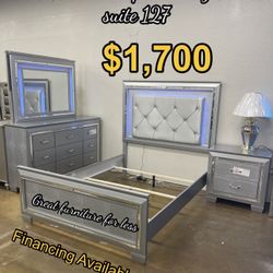 4 PCs Queen Size Led Bedroom Set Include Bed Frame Dresser Mirror And 1 Nightstand Brand New