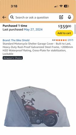 Bike Shield Standard Motorcycle Shelter Garage Cover Heavy-Duty Rust-Proof Galvanized Steel Frame, +2000mm H2O Waterproof Rating, Cross-Plate for stab