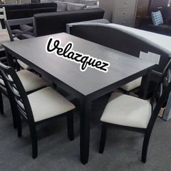 ✅️✅️ 6 pc Black  finish wood dining table set padded seat  chairs and bench ✅️✅️