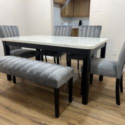 “Modern Dining Table Set with 4 Grey Velvet Chairs + Bench – Marble Top Look