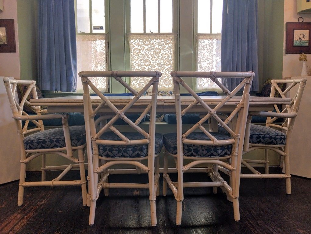 Vintage Chinese Bamboo Style Chippendale Set Dining Table & 4 Chairs