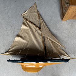 Vintage English Wooden Pond Yacht Model With Wall Mount