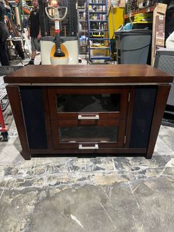 Modern Wood TV Stand / Entertainment Center with Glass Doors & Side Shelves