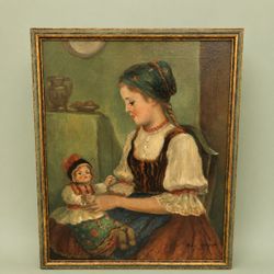 Bela Horvath Oil Painting Young Girl with Doll Hungarian Folk Portrait Framed