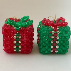 Set of 2 Handcrafted Beaded Gift Box Christmas Ornaments 2” Red Green Holiday