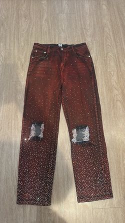 Red Rhinestone Distressed Denim Jeans 32