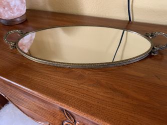 VTG Vanity Mirror Tray Oval Floral W/ Handles, Felt Bottom
