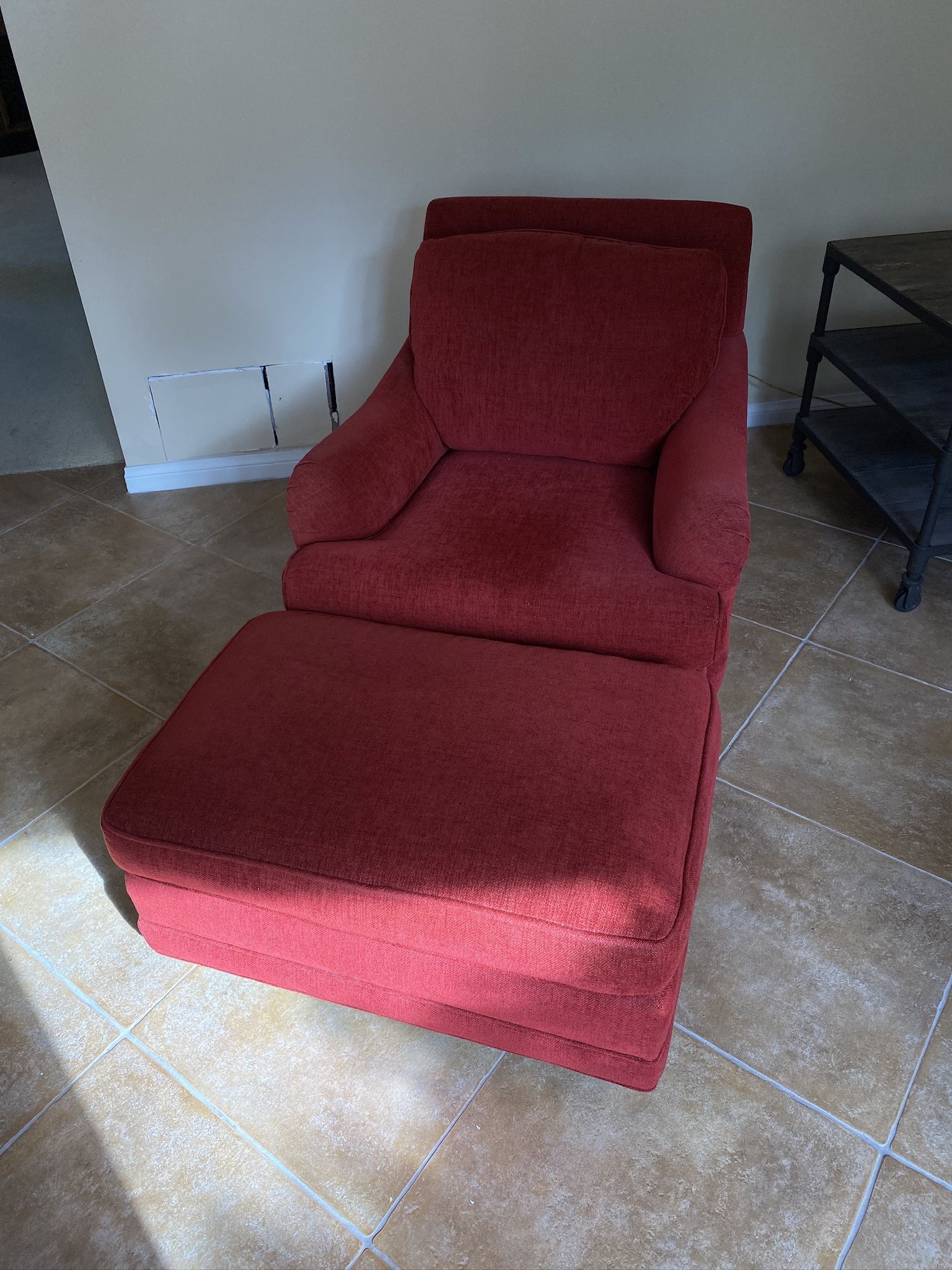 Red Chenille Chair And Ottoman 