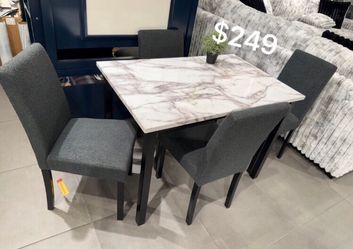 5-pc dining table set dark grey fabric upholstered chairs