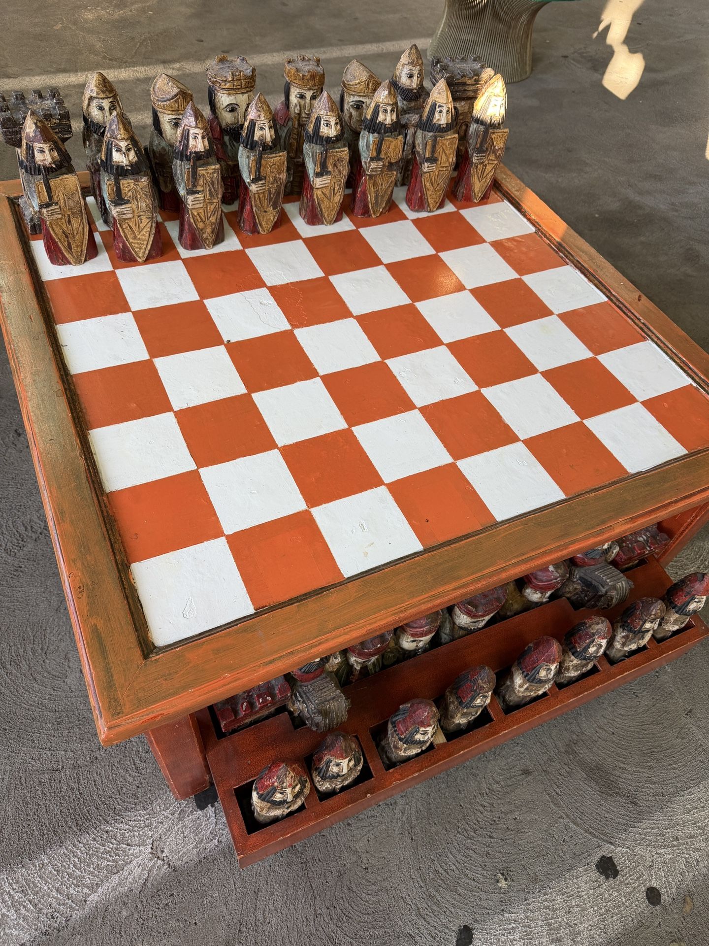 Mid-Century Modern Wooden Chess Coffee Table w/ Hand-Carved Chess Set & Storage
