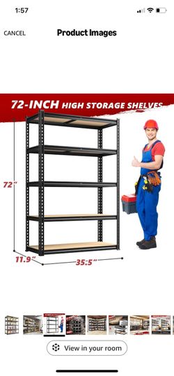 New 5 Tier Storage Shelves, 5 Reinforcing Ribs, Steel Frame with Powder Coat, Tool-Free Assembly, Freestanding, 35.5" W x 72" H