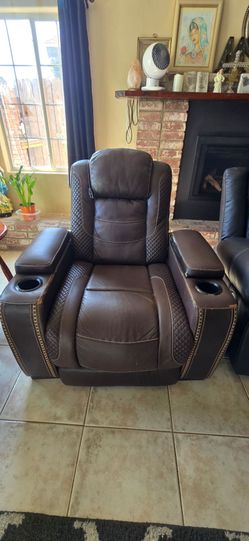Brown Leather Power Recliner Chair with Cup Holders