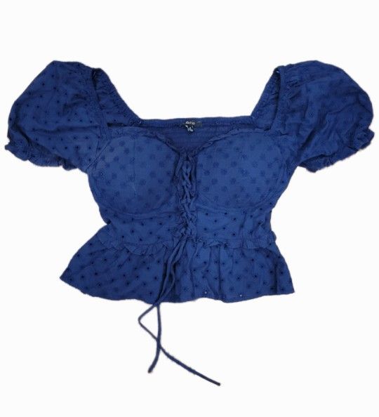 BlaShe Bustier Corset Peasant Crop Top Blue Eyelet Small