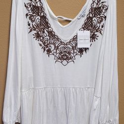 Emily Daniel's Embroidery Tunic Plus Size 2X White En Brown 