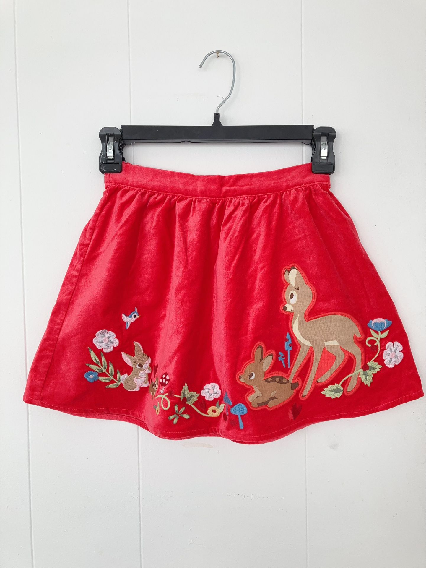Girls Disney red velvet skirt with embroidered Bambi and rabbit