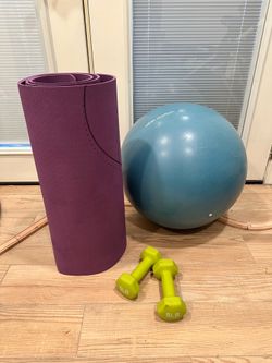 Exercise ball + 5 lb weights + yoga mat
