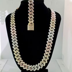 Premium Iced Out 20" 15mm Tri Color Cuban Chain With 9" Matching Bracelet Set