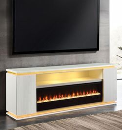 Brand New White 71'Inch TV Stand w Fireplace Simulator + Bluetooth Speakers