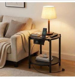 LIKIMIO two Round Side Table with Charging Station, 15.8 Inch Small Space Side Table, 2-Tier Industrial Nightstand with 77 lb Load Capacity, Black
col