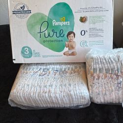 Pure Pampers. #3  1 Box Unopened, 1 Pkg. Unopened, 1pkg. Opened W/14 In bag.