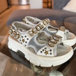 GUCCI Aguru Crystal leather sandal- white Original 