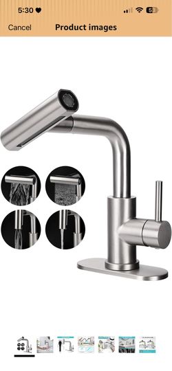 Sink Faucet with 4 Mode Pull Down Sprayer, Brushed Nickel Single Handle Pull Out Faucet , 1 or 3 Hole Laundry Bar Basin Faucet with Deck Plate
