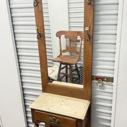 Vintage Oak Hall Tree Hall Stand with Marble Top and Mirror