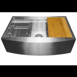 AKDY 33”x22” Farmhouse Apron Front Brushed Stainless Steel Single Bowl Workstation Kitchen Sink