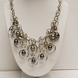 Two Tone Faux Pearl Multilayered Circle Chain Classy Silver Tone Necklace 17"
