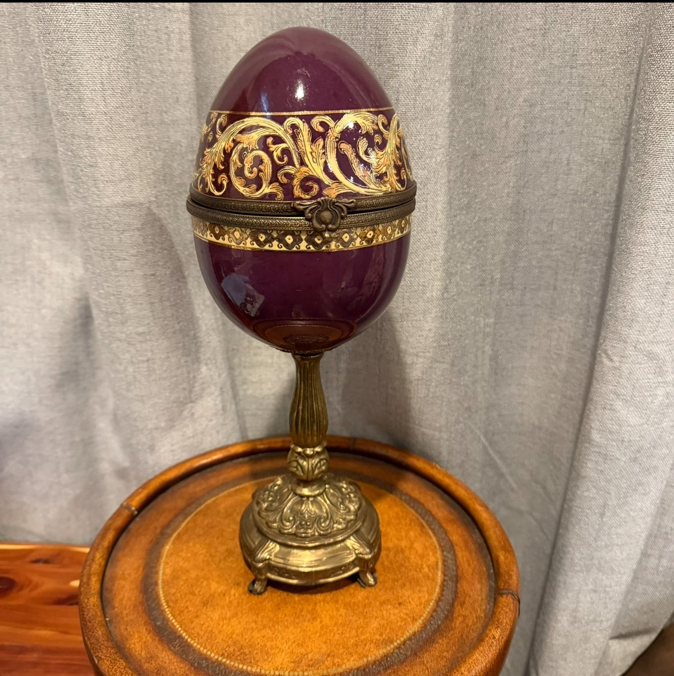 Decorative Purple Enamel Egg on Ornate Pedestal Base • Fabergé Style Display Piece