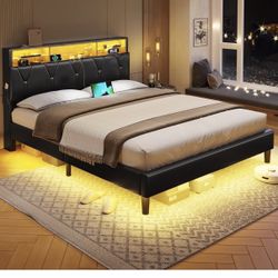 Queen Mattress W/bed Frame And Memory Foam Topper - LED Lights And Storage In Bed Frame 