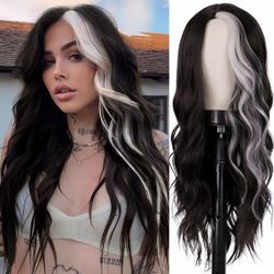 Long Wavy Black and White Highlight Wig brand new