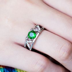 "Trendy Emerald Zircon Leaf Eternity Fashion Silver Rings for Women, VP1661
