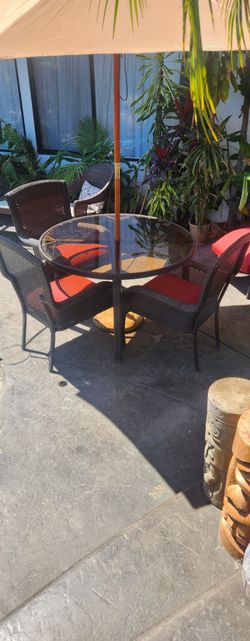 100  for all round table w glass, chairs,stand New umbrella, 2 lounge chairs w pads drink table  glass w 2 chairs w pads