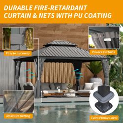 12' X 14' Hardtop Gazebo, Upgraded Metal Gazebo with Drainage System, Dual-Layer Galvanized Steel Roof, Curtain and Netting, Outdoor Shelter Canopy fo