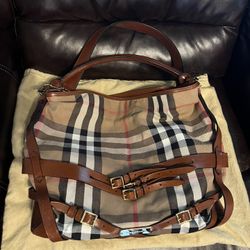 Burberry House Check Bridle Calfskin Medium Gosford Hobo Dark Tan