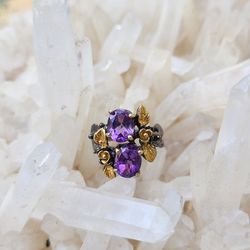 Black Rhodium Over Solid Sterling Silver Amethyst Ring With 14kgold Trim Size 7