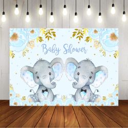 Twin Elephant Boys Baby Shower Photography Backdrop  Blue Floral Baby Shower Background It's A Boy Newborn Baby Party Decorations Banner
