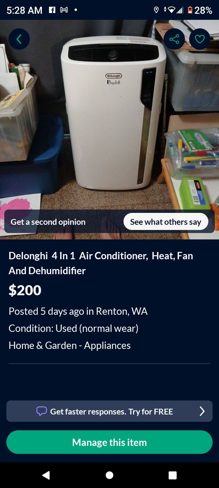 Delonghi Pelinguino Ac Heat Dehumidifier. And Fan 12,500 Btu