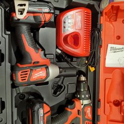 Drill/driver 1/2. Impact driver 1/4 and m12 charger. Both tools come with m18 batteries