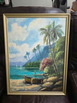 Vintage Original Oil Painting on Canvas Board – Signed N. Topek – Tropical Coastal Scene