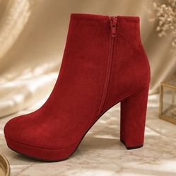 Women's Red Suede Block-Heel Ankle Boots