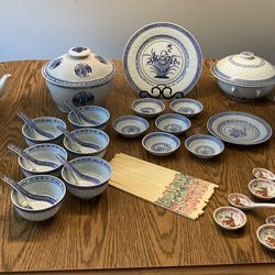 Lot Of 45 Pieces Vintage Chinese Tienshan Porcelain Bowls, Plates, Teacups, Teapots, Cream And Sugar, Spoons, Serving Bowls With Lids, Dipping Bowls