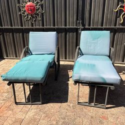 2 Heavy Metal Chairs w/ Cushions & Metal Leg Rests